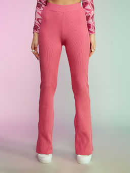 MIXT by Nykaa Fashion - Pink Ribbed High Waist Bootcut Pants