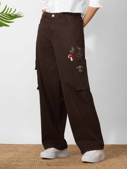 The Souled Store - Women Brown Embroidered Cargo