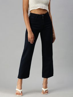 SHOWOFFFF - Women Clean Look Navy Blue Wide Leg Denim Jeans