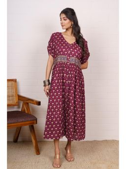 NAVYAS FASHION - Boho Maroon Cotton Gather Midi Dress