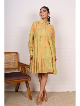 NAVYAS FASHION - Yellow Gingham Tiered Shirt Knee Length Dress