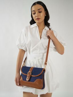 THE GUSTO - Women Aura Sling Bag With Detachable Strap - Dark Denim And Tan