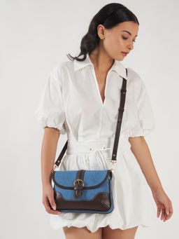THE GUSTO - Women Aura Sling Bag With Detachable Strap - Light Denim And Coffee Brown