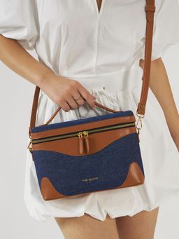 THE GUSTO - Women Bento Sling Bag With Detachable Strap - Dark Denim And Tan