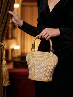 YELONA - Pearl Embellished Handmade Satin Evening Satchel Bag - Gold
