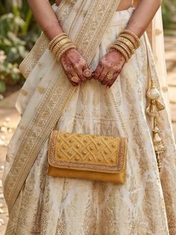 YELONA - Womens Velvet Evening Clutch With Detachable Strap - Mustard Yellow