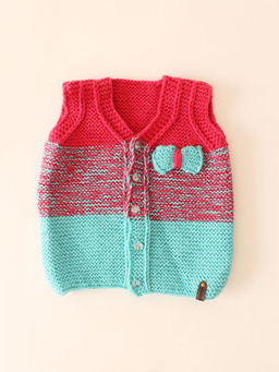 Woonie - Girls Handknitted Bow Applique Colorblock Sweater - Multi-Color