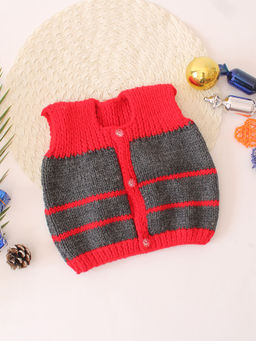Woonie - Girls Handknitted Woven Woolen Sweater - Grey and Red