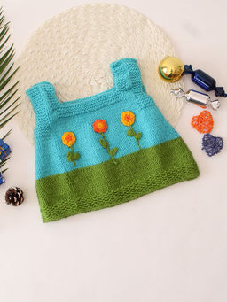 Woonie - Girls Handmade Sleeveless Floral Embroidered Sweater - Blue