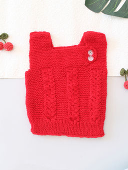 Woonie - Girls Handknitted Sleeveless Front Button Woven Sweater - Red
