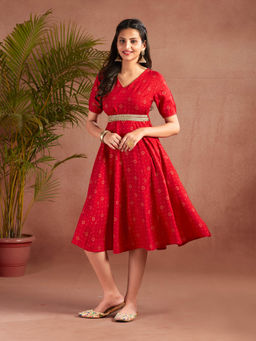 Kasya - Red Rayon Printed Fit and Flare Dress with Belt (Set of 2)