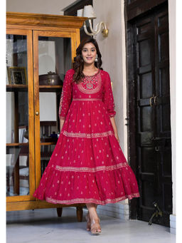 Juniper - Pink Motif Printed Georgette Maxi Dress with Sequins and Beads and Zari Work