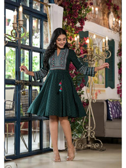 Juniper - Green Motif Printed Liva Rayon Dress with Dori and Sequin with Belt (Set of 2)