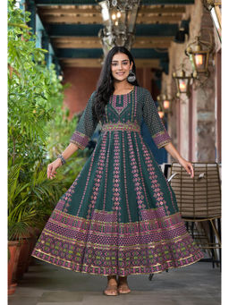 Juniper - Green Motif Printed Georgette Maxi Dress and Sequins Gota Patti with Belt (Set of 2)