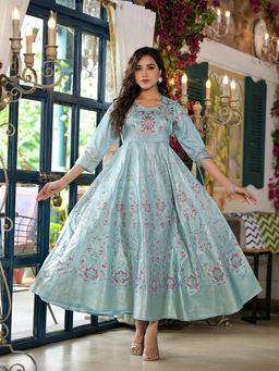 Juniper - Blue Motif Printed Santoon Dress with Sequins and Thread Work