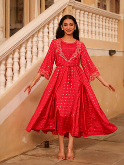 Juniper - Red Motif Printed Viscose Dress with Dori and Zari Work (Set of 2)