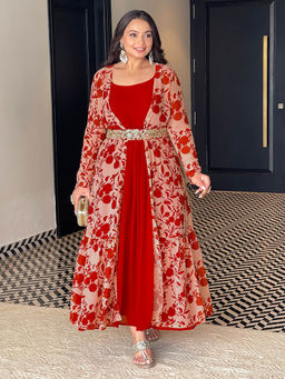 Janasya - Maroon Georgette Floral Printed Embellished Dress with Jacket and Belt (Set of 3)