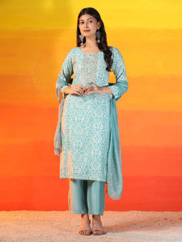 Mamicha - Teal Women's Unstitched Dress Material (Set of 3)