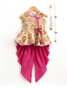 BownBee - Angrakha Style Jacquard Peplum Dhoti- Beige (Set of 2)