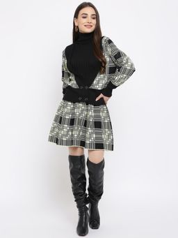 IKI CHIC - Plunge Neck Plaid Cardigan And A-Line Woollen Skirt Set