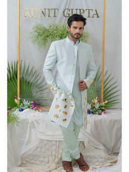 Runit Gupta - Aayan Lotus Powder Blue Embroidered Sherwani Kurta With Pyjama (Set of 3)