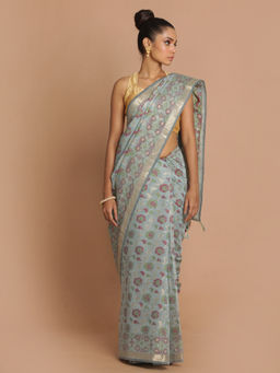 Indethnic - Banarasi Blue Woven Design Festive Wear Saree With Unstitched Blouse