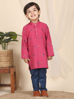 Polka Tots - Boys Pink Embroidered Kurta with Pyjama (Set of 2)