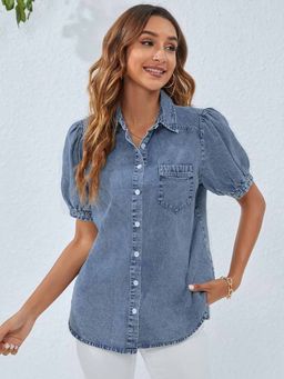 Oh Rare - Women Blue Solid Puff Sleeves Shirt