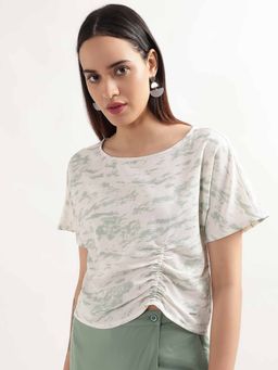 ELLE - Women Green Printed Round Neck Short Sleeves Top