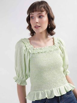 ELLE - Women Green Checked Square Neck Short Sleeves Top
