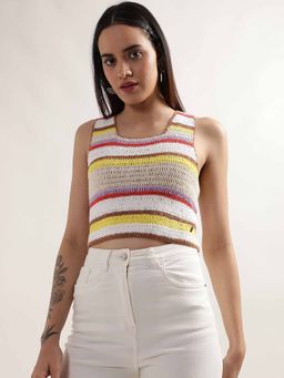 ELLE - Women Multi-Color Striped Square Neck Sleeveless Crop Top