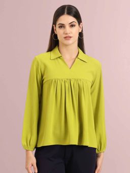 FITHUB - Women Green Solid Collar Neck Top