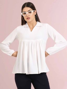FITHUB - Women White Solid Collar Neck Top