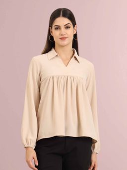 FITHUB - Women Beige Solid Collar Neck Top