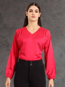 FITHUB - Women Pink Solid V-Neck Regular Full Sleeves Formal Top