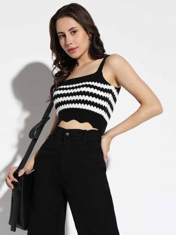 SHOWOFFFF - Women Black Striped Fitted Crop Top