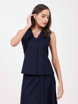 FableStreet - Navy Blue V-Neck Placket Detail Waistcoat