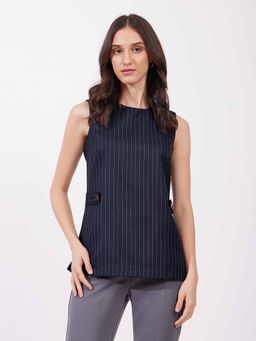 FableStreet - Navy Blue Pinstripe Round Neck Top