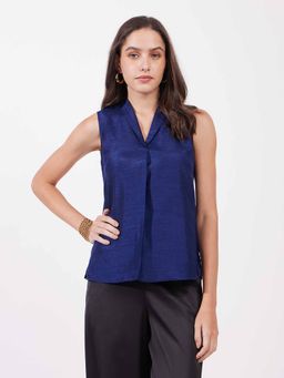FableStreet - Navy Blue Silk V-Neck Top