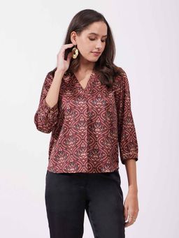 FableStreet - Maroon Satin Printed Top