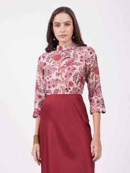 FableStreet - Pink Chanderi Floral Print Mandarin Neck Top