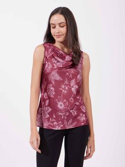 FableStreet - Red Printed Satin Cowl Neck Top