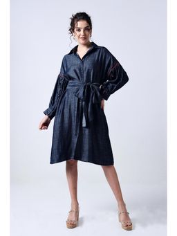 Style Junkiie - Blue Bow Tie-Up Shirt Dress
