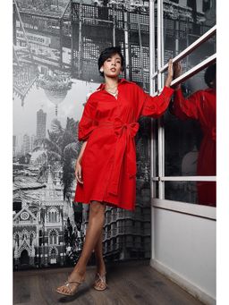 Style Junkiie - Red Bow Tie-Up Shirt Dress
