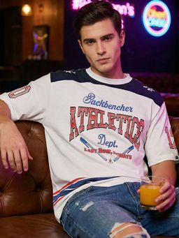 Bewakoof - Men's Bright White Backbencher Dept Typography Oversized T-Shirt