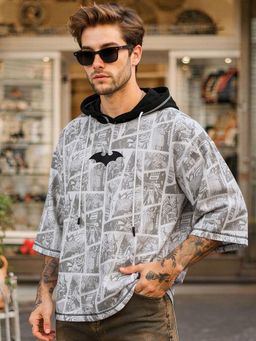 Bewakoof - Dc Batman Men's Bright White All Over Printed Oversized Hoodie T-Shirt