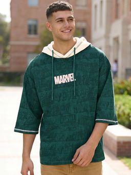 Bewakoof - Marvel Men's Forest Green Marvel All Over Printed Oversized Hoodie T-Shirt