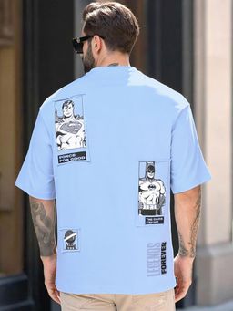 Bewakoof - Dc Men's Clear Sky Blue Superman and Batman Applique Oversized T-Shirt
