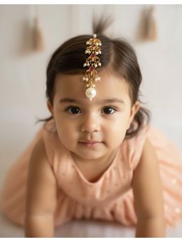 Choko - Floral Maang Tikka with Ruby Red Stones & Pearl Drops for Wedding (3-12 Years)
