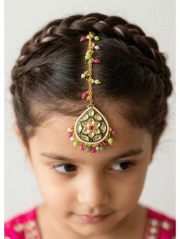 Choko - Kundan Teardrop Maang Tikka with Pink & Green Beads for Wedding (3-12 Years)